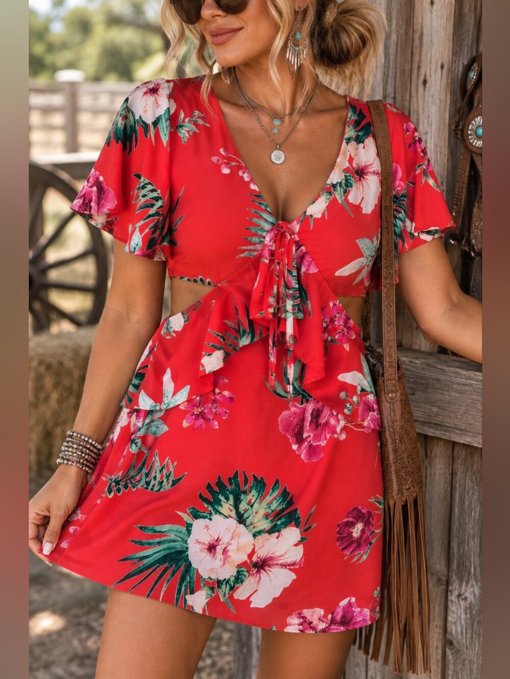 Skies Are Blue Red Tropical Floral Mini Dress XS Waist Cutouts